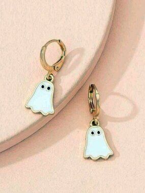 Cute Ghost Dangle Huggie Hoop Earrings Gold‑Tone Enamel Halloween Fun Jewelry